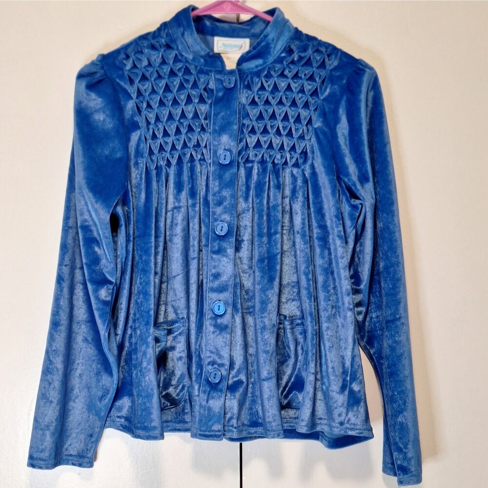 National Vintage Royal Blue Smocked Bed Jacket Button Down w Pockets